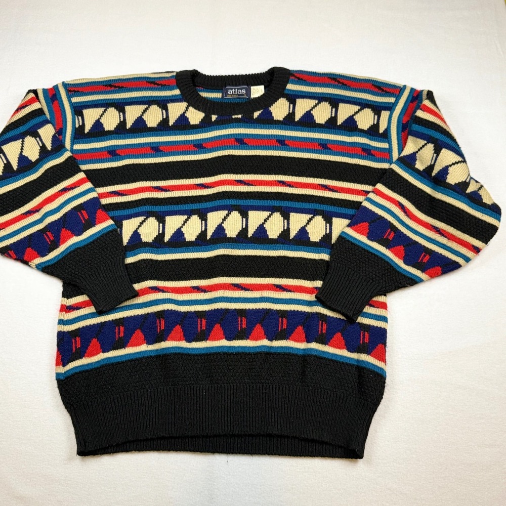 Vintage Atlas Mens Large Geometric Knit Sweater Made in USA Acrylic Multi-Color